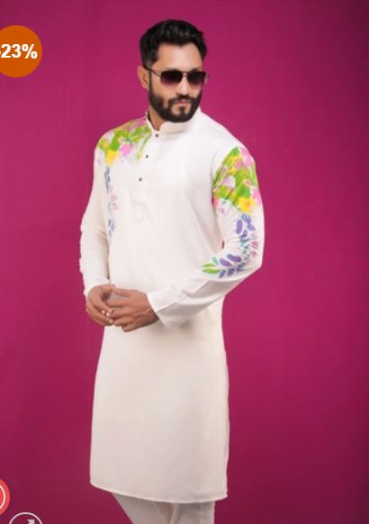 White Printed Design Casual Semi Long Cotton Punja
