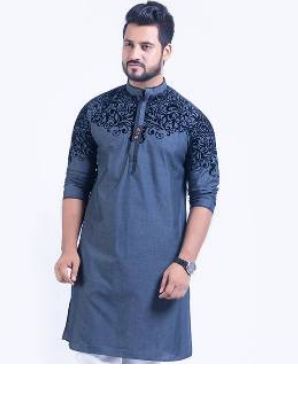 Boys Light Gray Printed Semi Long Cotton Punjabi